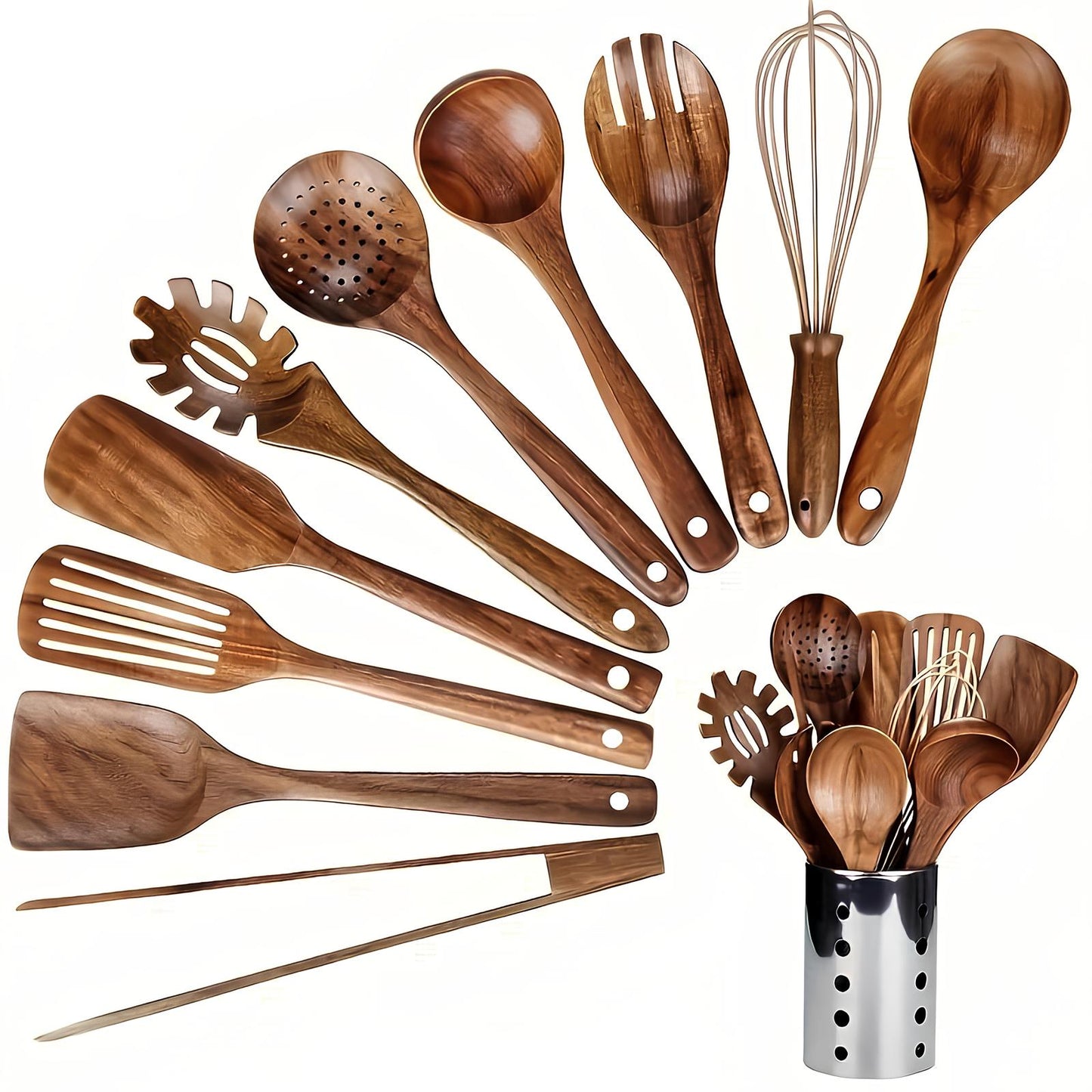 Skanto | 11-delig Teakhouten Keukenhulpmiddelen Set | Met Houder | Natuurlijke Hout