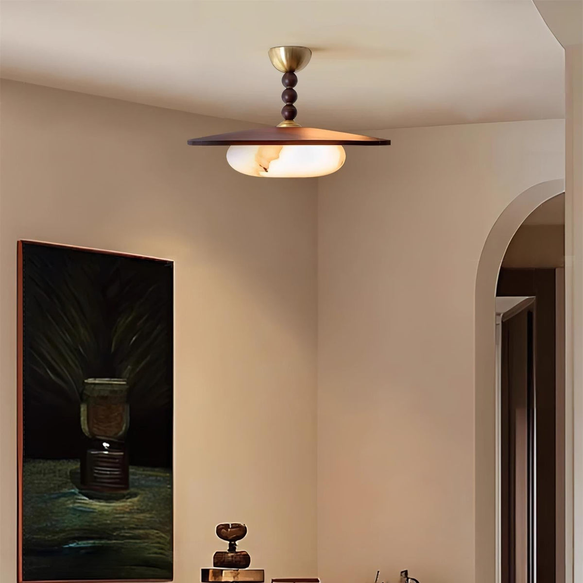 Muto Plafondlamp Walnootkleur & Witte Imitatie Alabaster