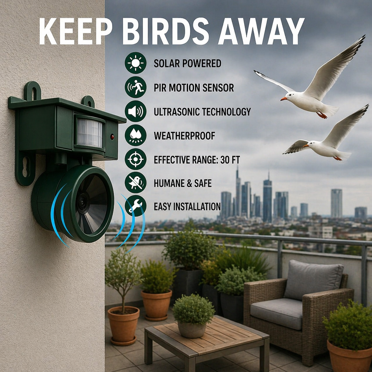 Vogelwering | Zonne-energie Sensor | Dier vriendelijke Roofvogelgeluiden | Birdfend