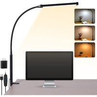 LED Bureau Lamp - Oogvriendelijke Bureau Lamp met Klem, Flexibele Scharnierarm, 3 Modi, 10 Helderheidsniveaus, USB-Adapter