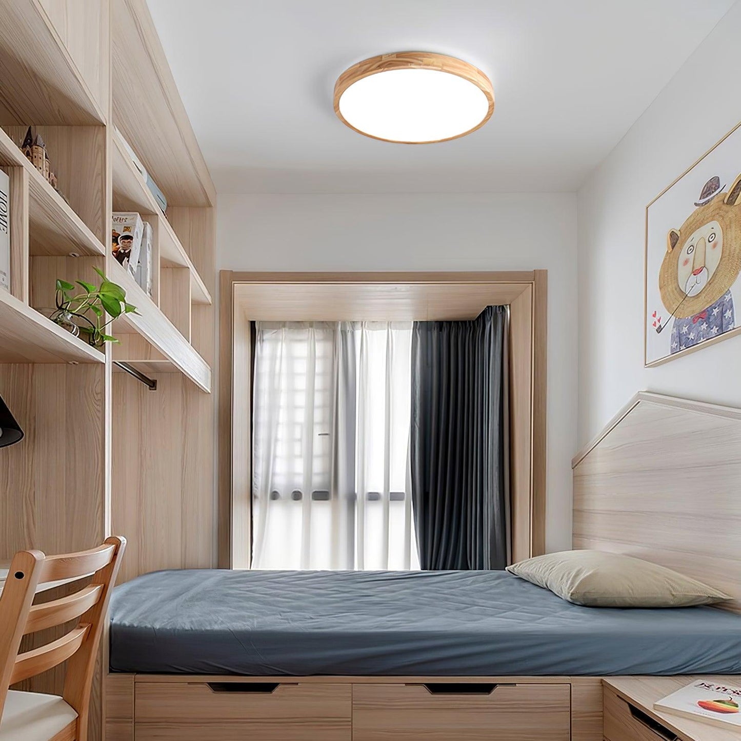 Moderne Noordse Ronde Houten LED Plafondlamp 1-Licht
