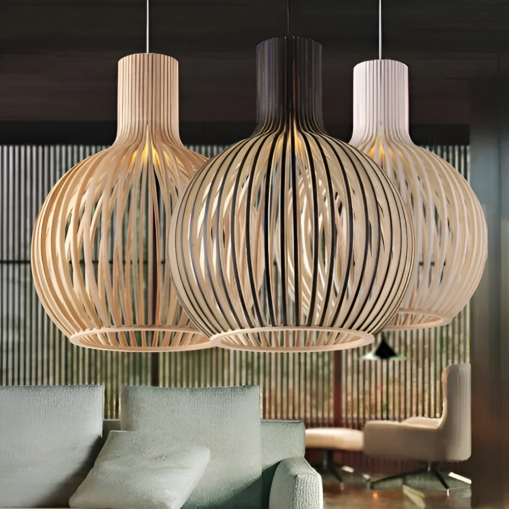 Houten hanglamp met kooi-vormige kap