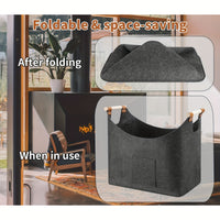 Filz-Kaminholzkorb FELDURA | Vouwbaar | 55L Volume | Met houten handvatten & leren details | Donkergrijs