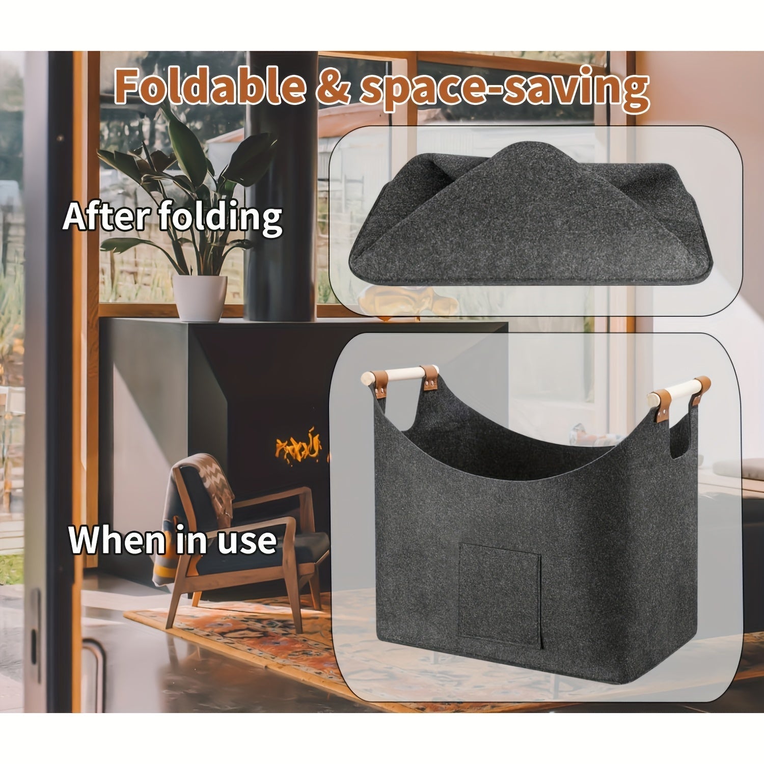 Filz-Kaminholzkorb FELDURA | Vouwbaar | 55L Volume | Met houten handvatten & leren details | Donkergrijs