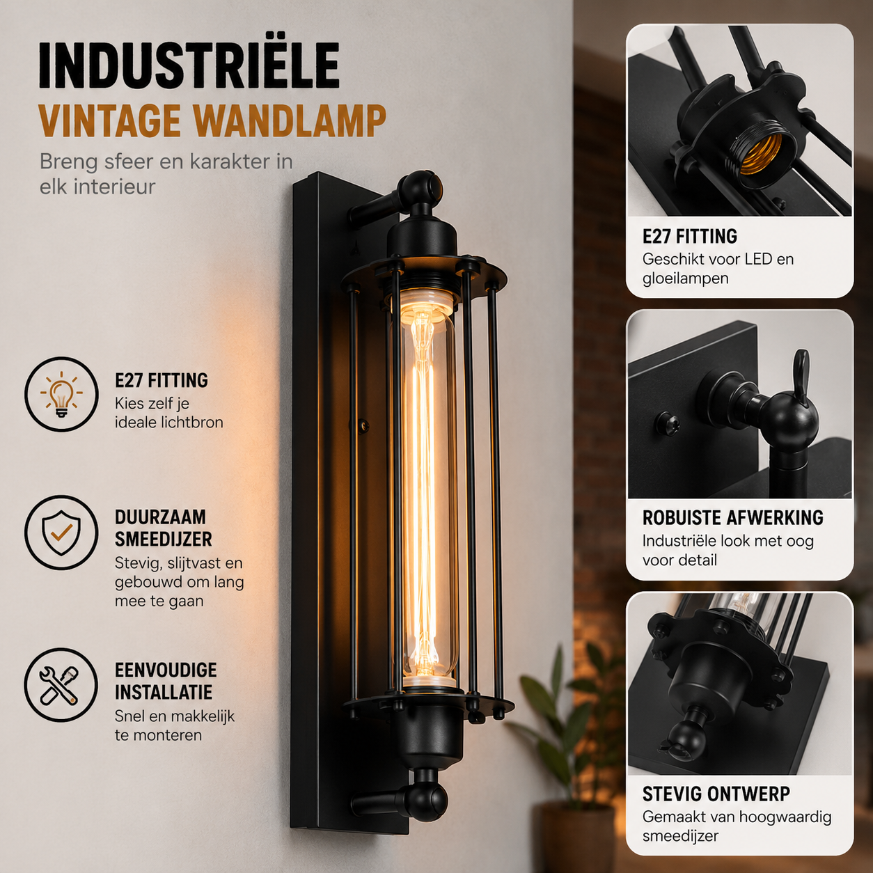 Retro E27 industriële wandlamp | Klassieke wandlamp met modern LED-ontwerp voor thuisdecoratie