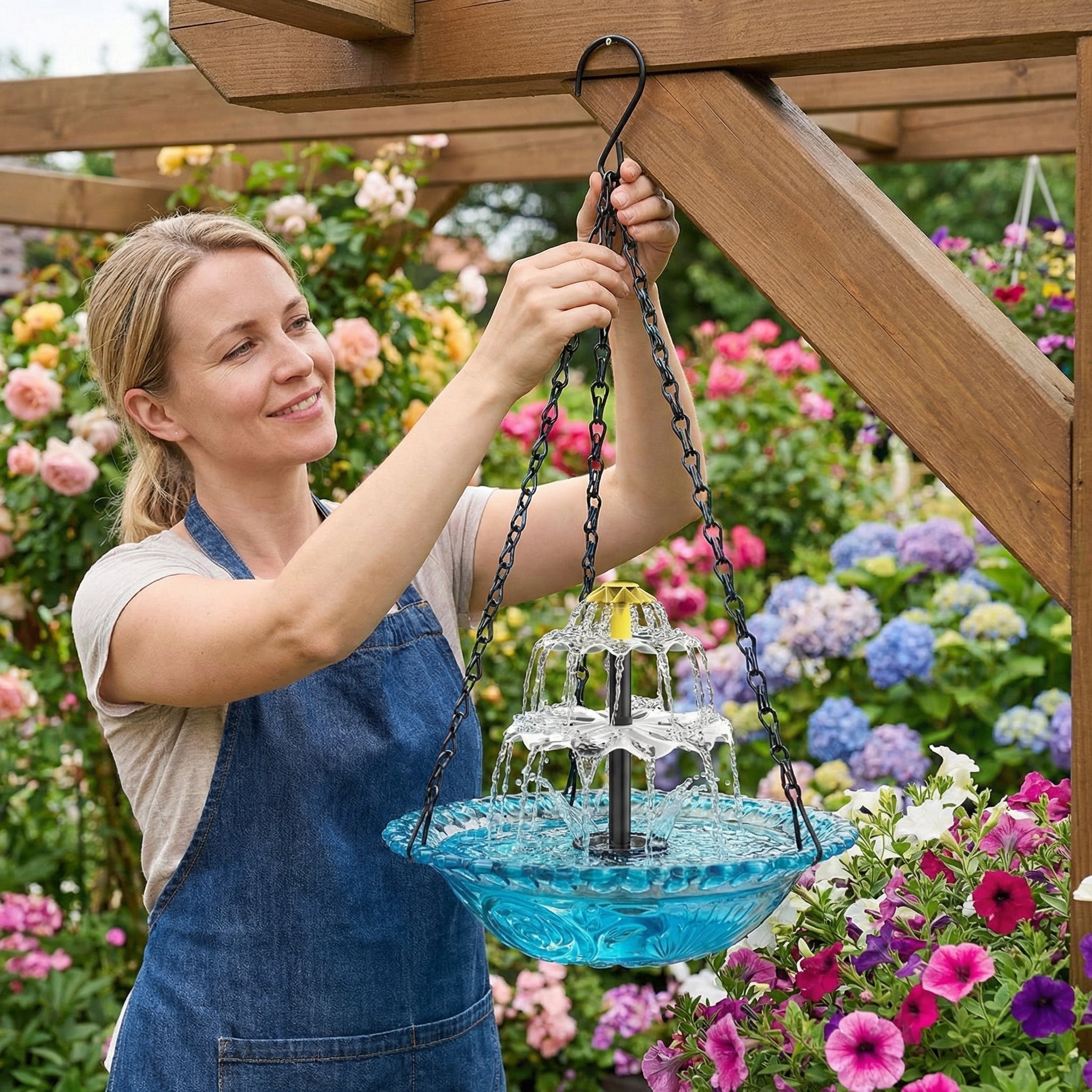AquaBloom™ | Zonne-energie Hangfontein – Vogelbad met 2-niveaus Waterspel