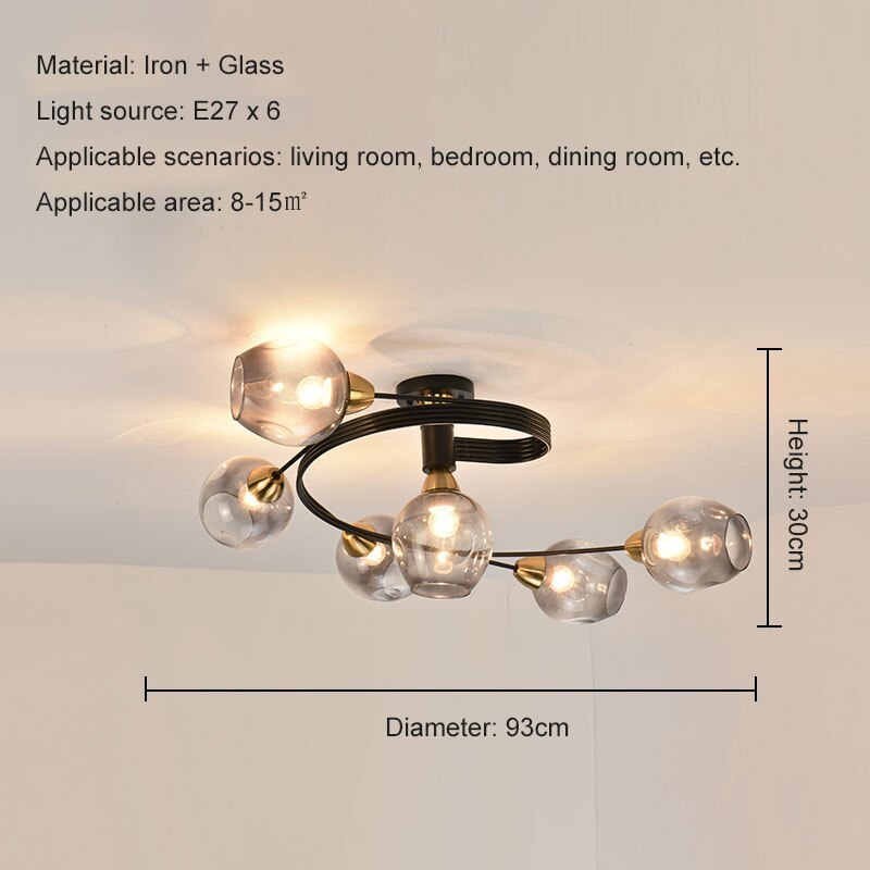 Valentina Flush Mount Plafondlamp, Glas, Zwart/Goud, Eetkamer