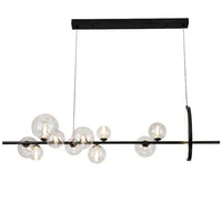 Moderne lineaire kroonluchter – glazen bollen en verlichte ring op zwart frame