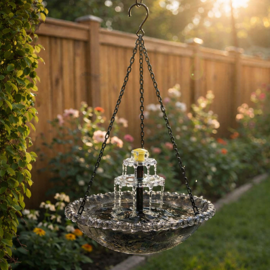 SunCascade™ | Zonne-energie Fontein – Hangende Vogelbad met Waterval, Glas & Draadloos