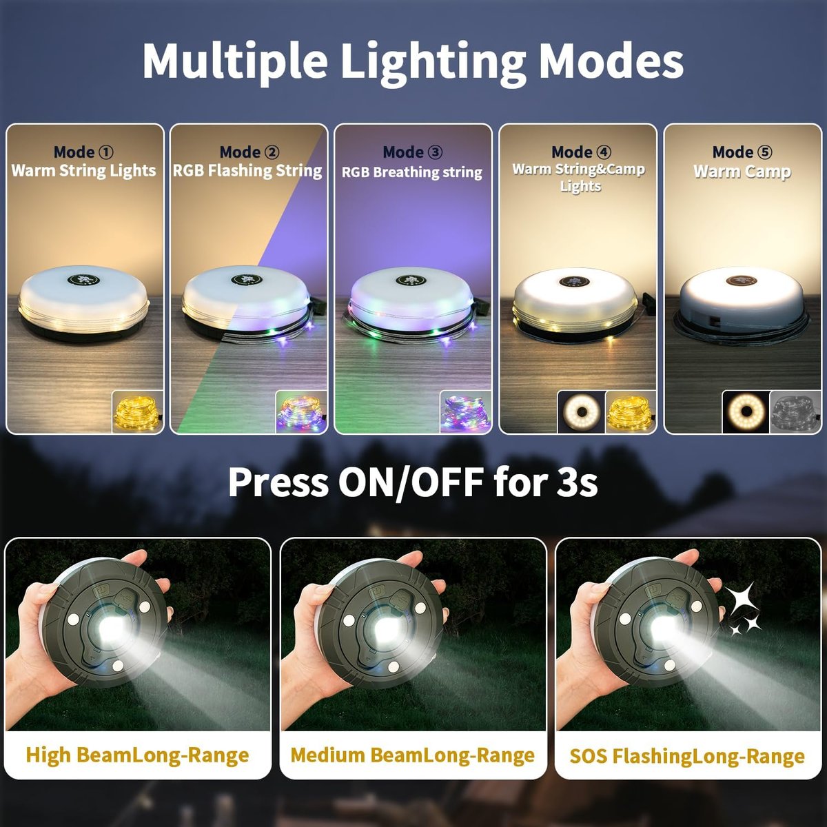CampLite™ | 4-in-1 Campinglamp met RGB-lampjesketting & Powerbank