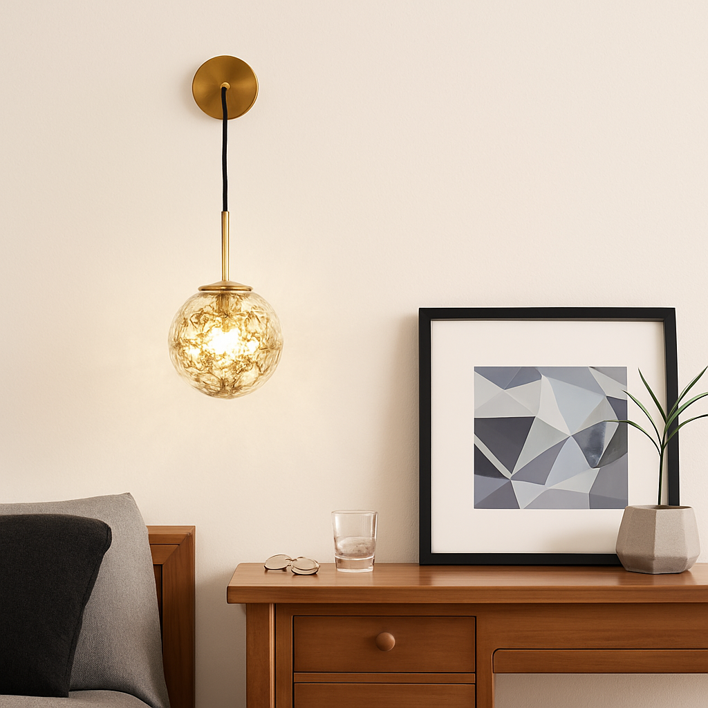 Design wandlamp in glas gevuld met gouden bladeren, hangend