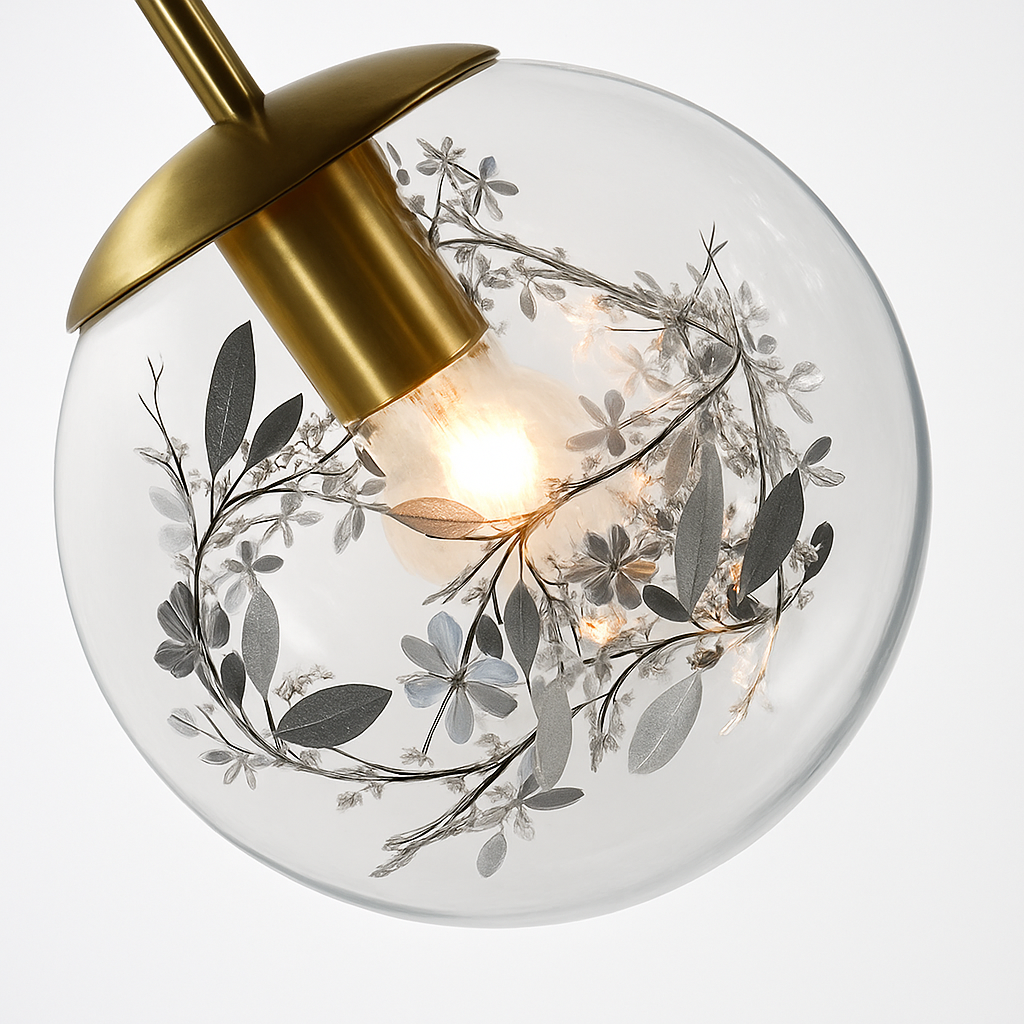 Design wandlamp in glas gevuld met gouden bladeren, hangend