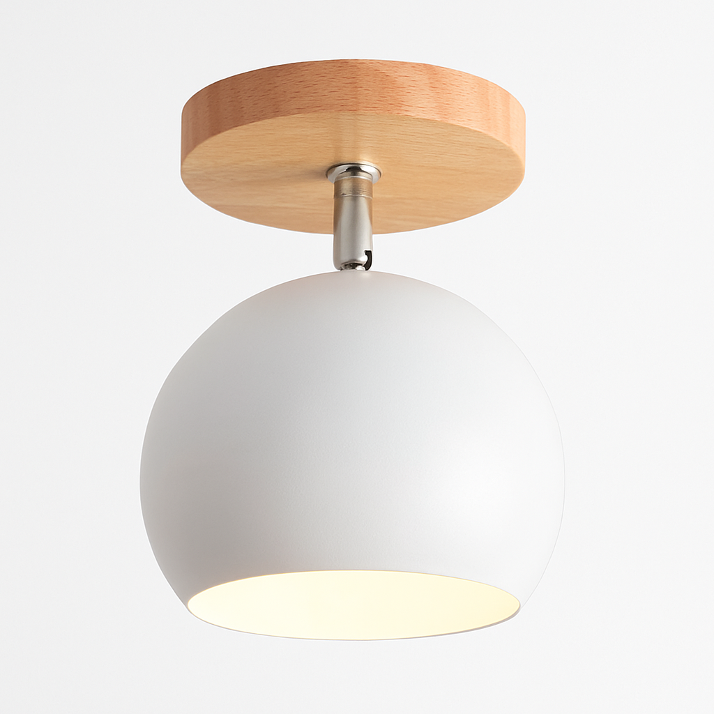 Houten LED wandlamp met verstelbare metalen bol