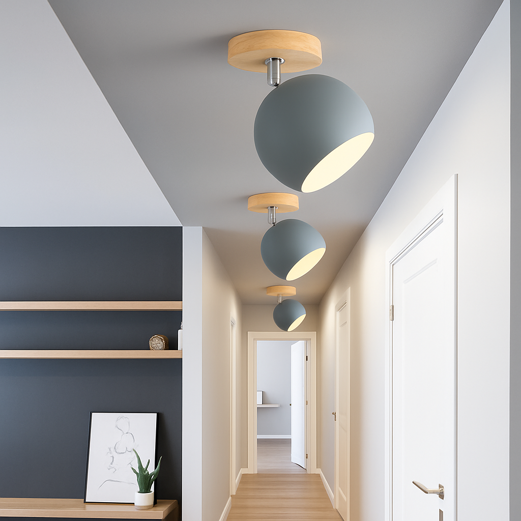 Houten LED wandlamp met verstelbare metalen bol