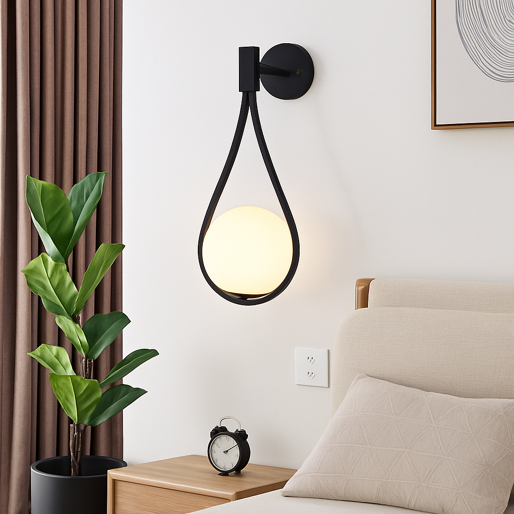 Design wandlamp met gouden LED en witte glazen bol Shadow