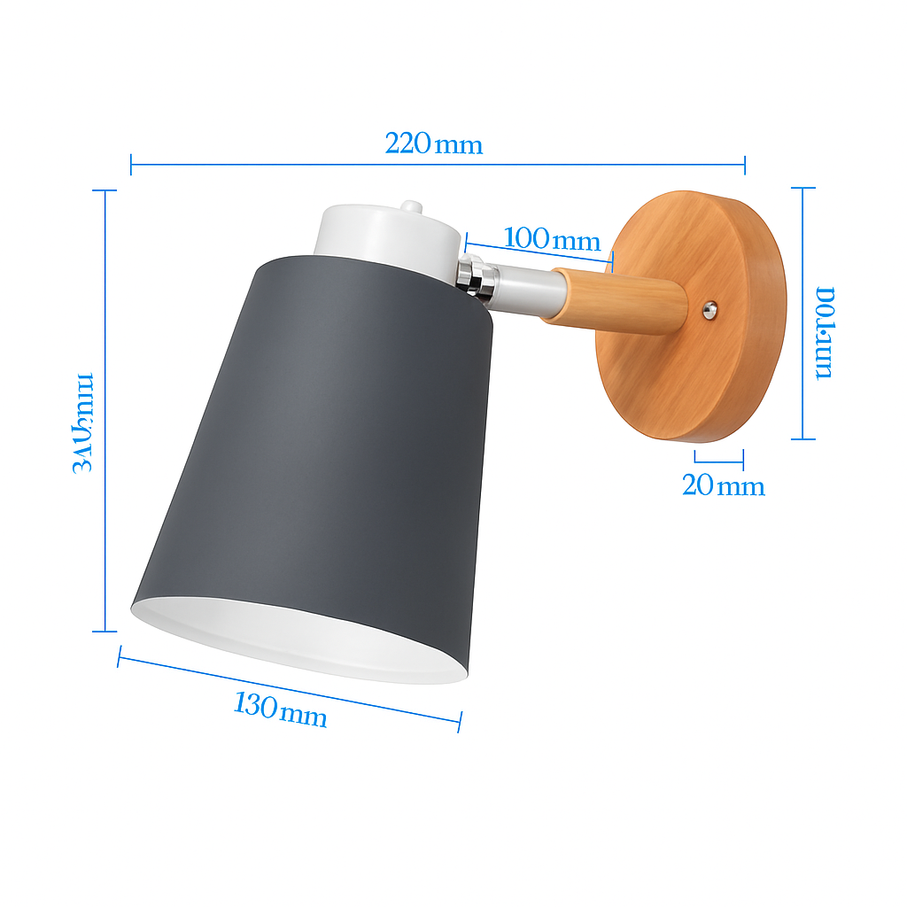Wandlamp LED met verstelbare kap van metaal en houten steun