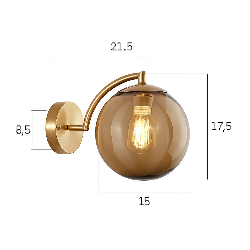 Gouden LED wandlamp met rookglazen bol Scone