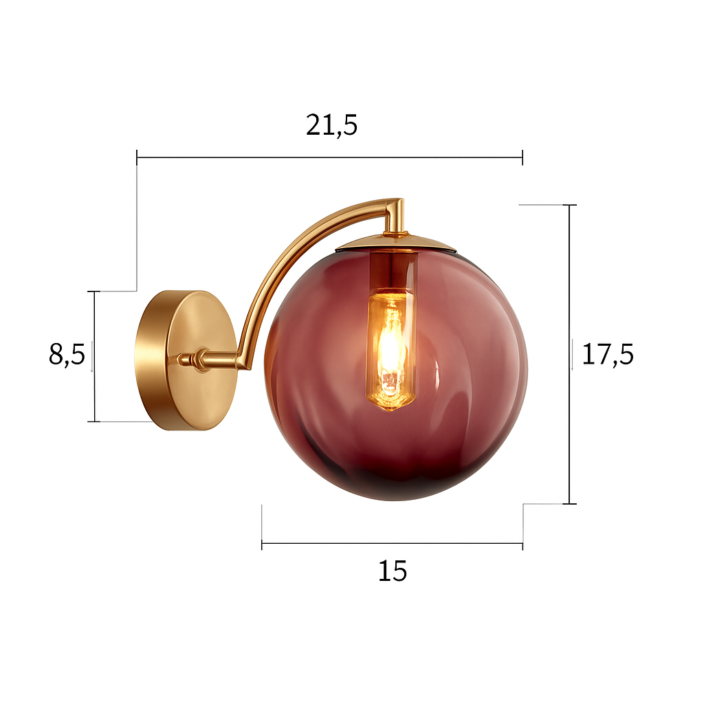 Gouden LED wandlamp met rookglazen bol Scone