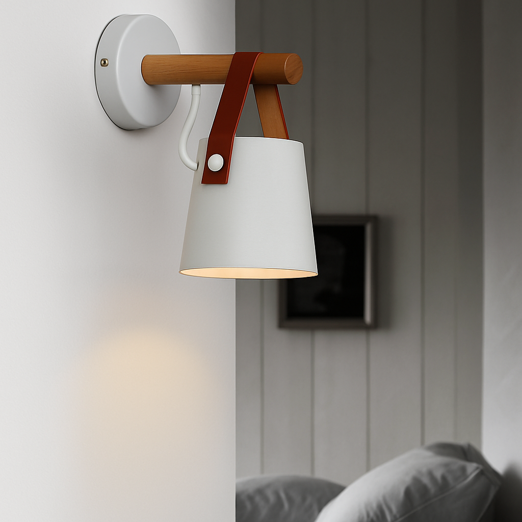 LED wandlamp van hout met hangende lampenkap