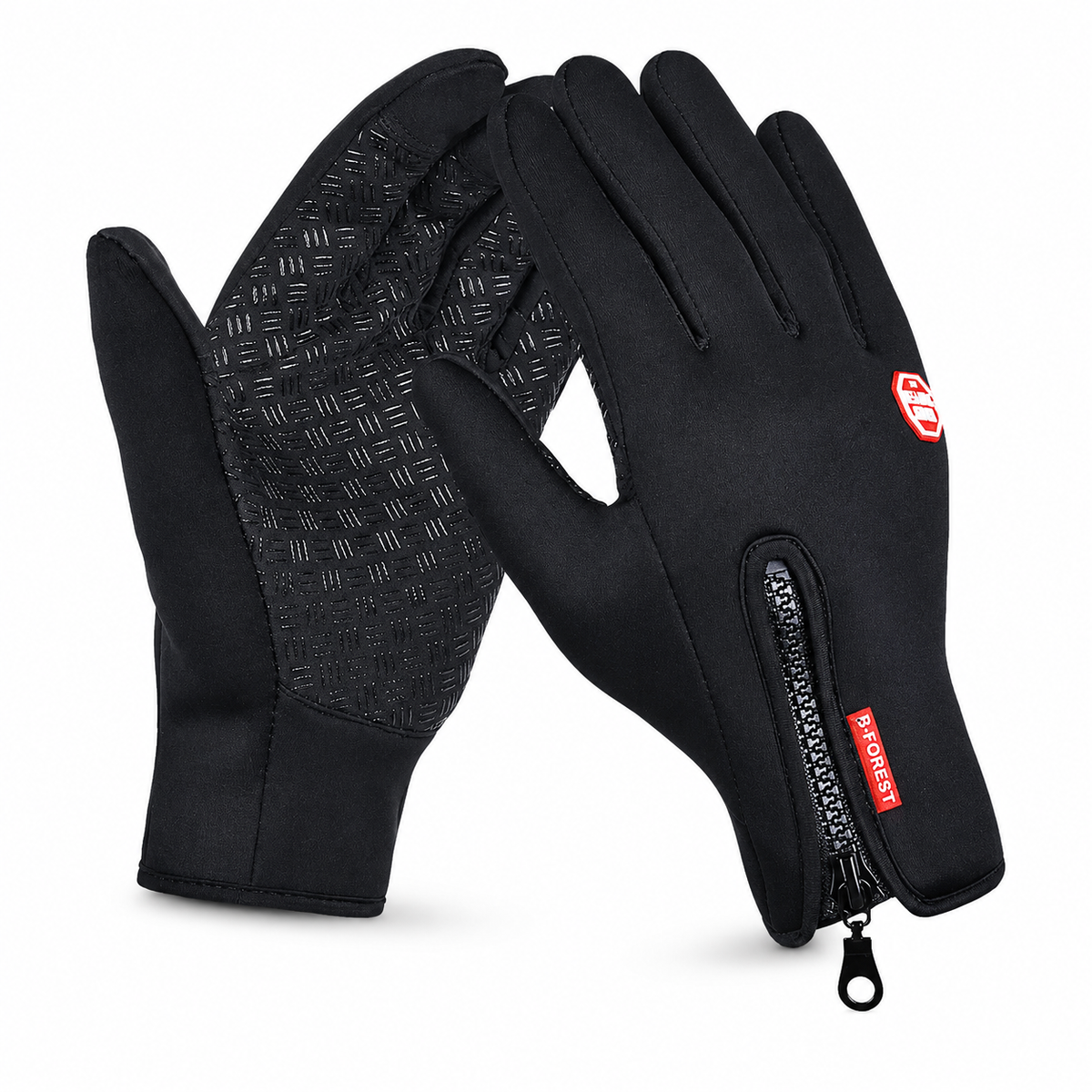 Zwarte warme thermische handschoenen met antislip handpalmen, ritssluiting en touchscreen vingertoppen voor fietsen en hardlopen