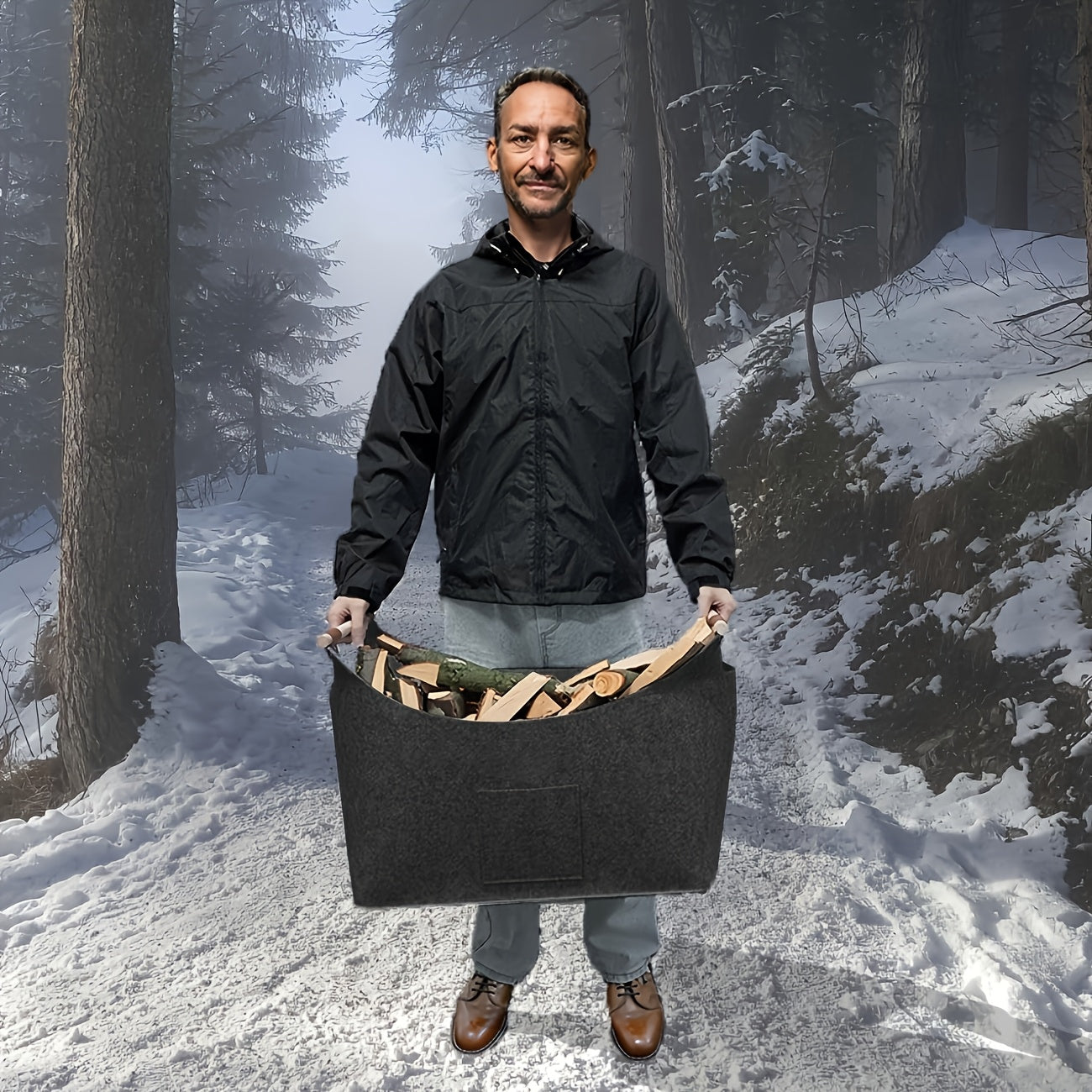 Filz-Kaminholzkorb FELDURA | Vouwbaar | 55L Volume | Met houten handvatten & leren details | Donkergrijs