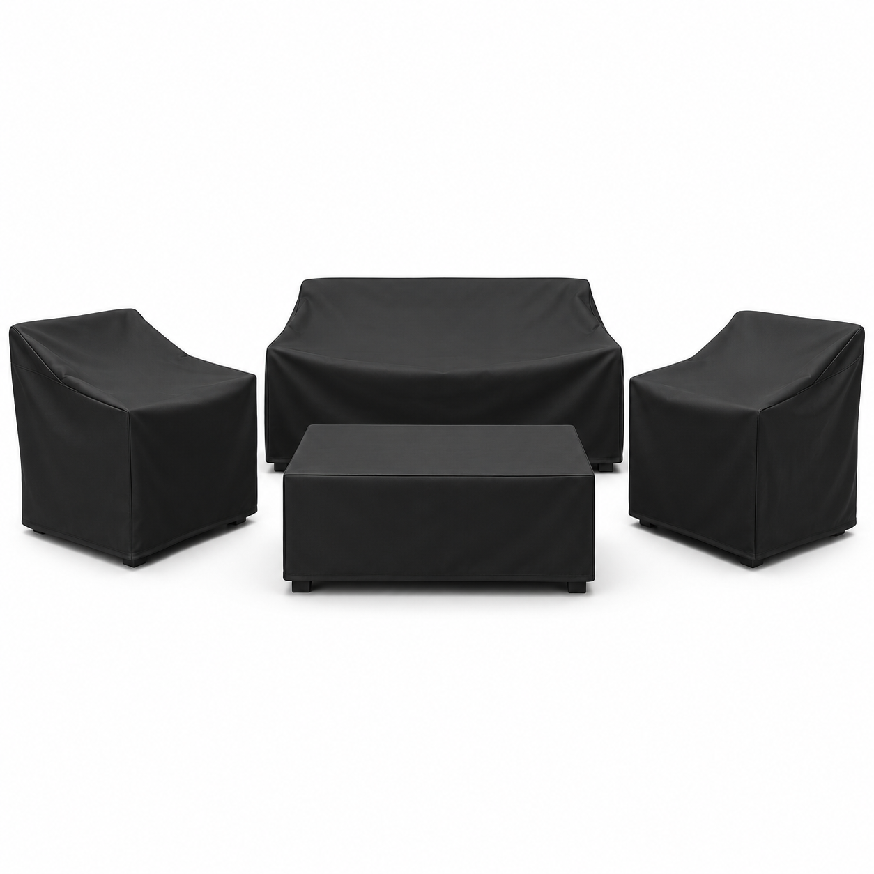 Jardinex zwarte weerbestendige meubelhoezen voor loungeset met tweezitsbank, twee stoelen en salontafel op witte achtergrond