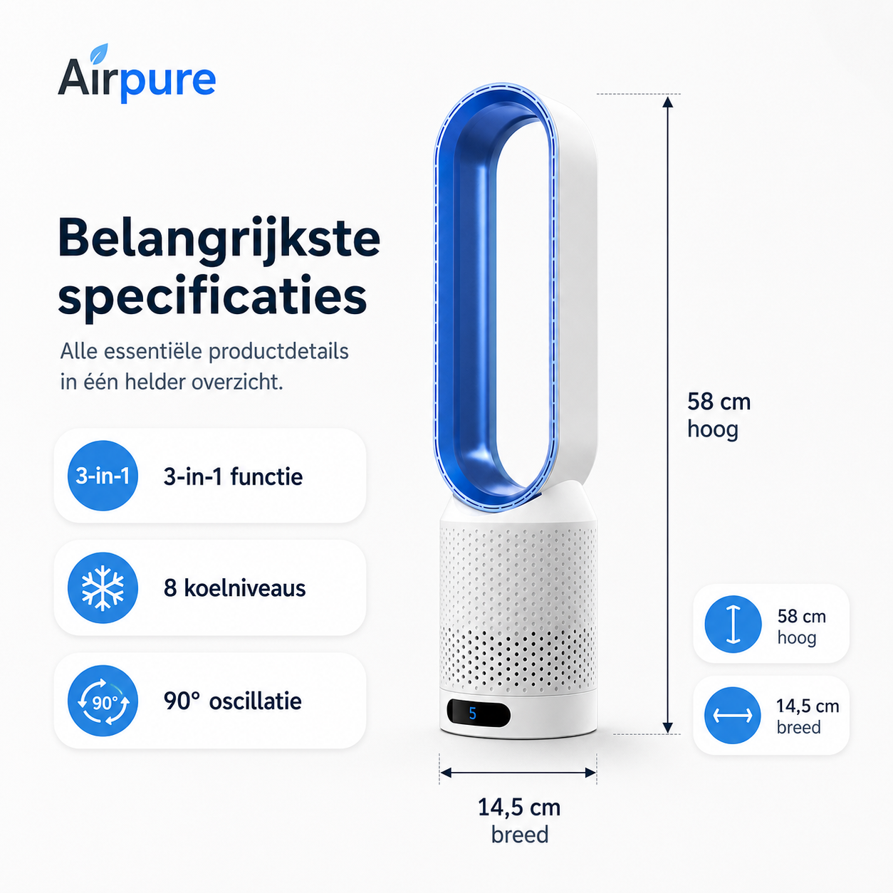 Airpure | Compact 3-in-1 Luchtreiniger & Koeler | Met Oscillatie & LED Aanraakbedieningspaneel