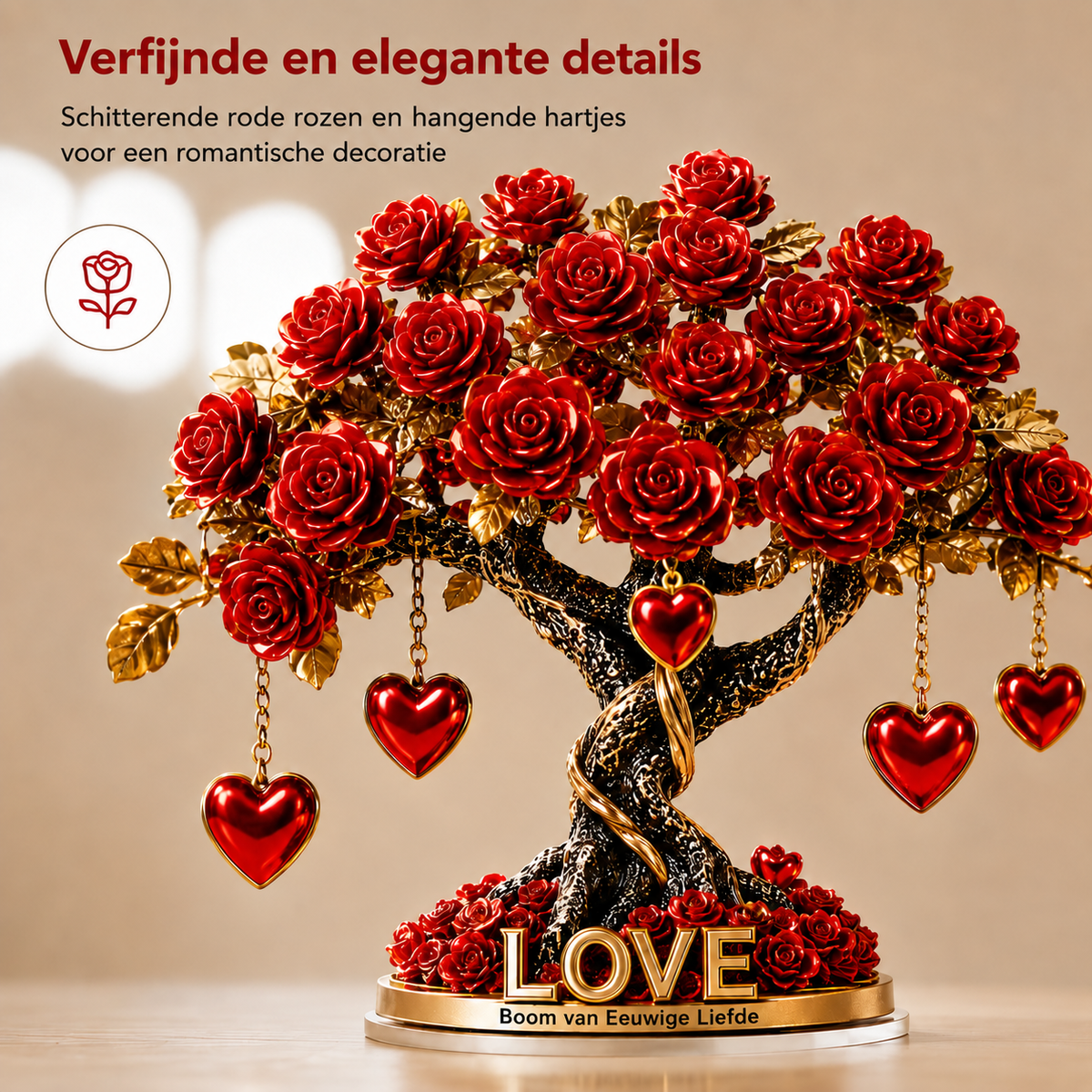 NOBLEHEART GEM – Elegant rozenboom van kristal in de vorm van een hart met gouden basis