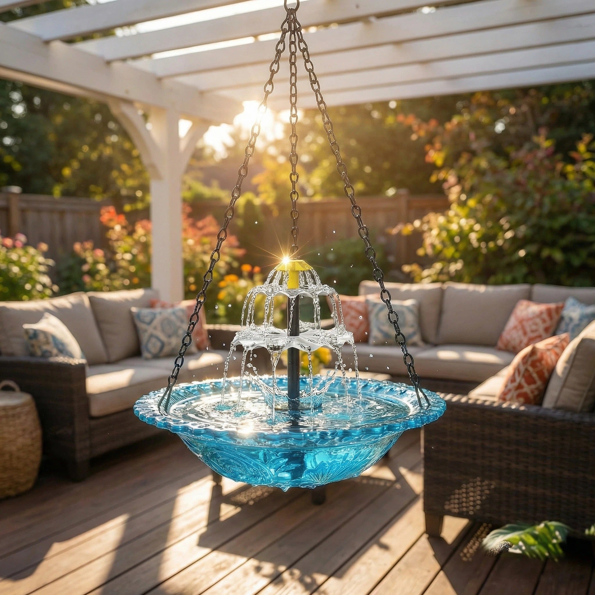 SunCascade™ | Zonne-energie Fontein – Hangende Vogelbad met Waterval, Glas & Draadloos