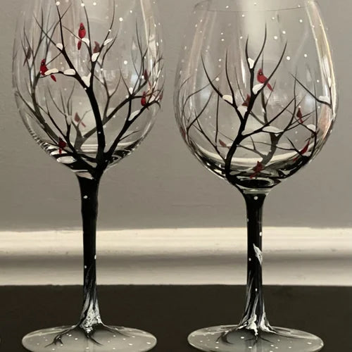 Handgeschilderde Wijnglazen met Vier Seizoenen Boom | Unieke Kunst