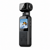 Compacte zwarte 4K HD actiecamera met draaibare camerakop, ingebouwd scherm en bedieningsknoppen op witte achtergrond