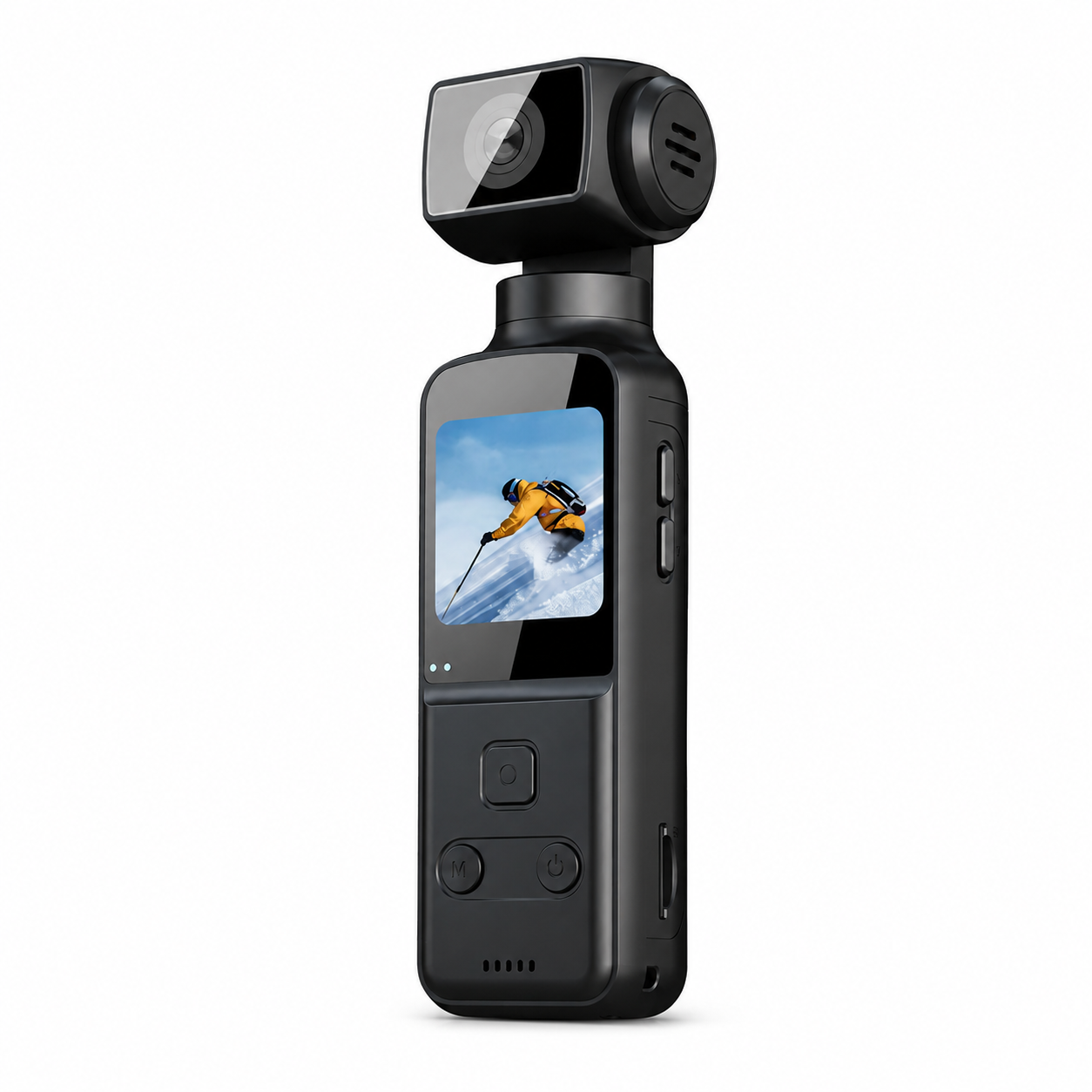 Compacte zwarte 4K HD actiecamera met draaibare camerakop, ingebouwd scherm en bedieningsknoppen op witte achtergrond
