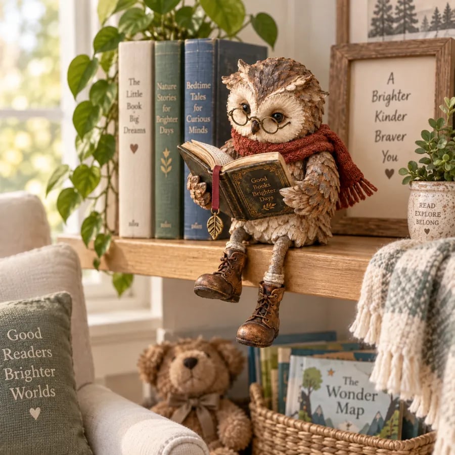 Decoratieve uilfiguur met bril, boek en sjaal. Gezellig cadeau voor boekenliefhebbers