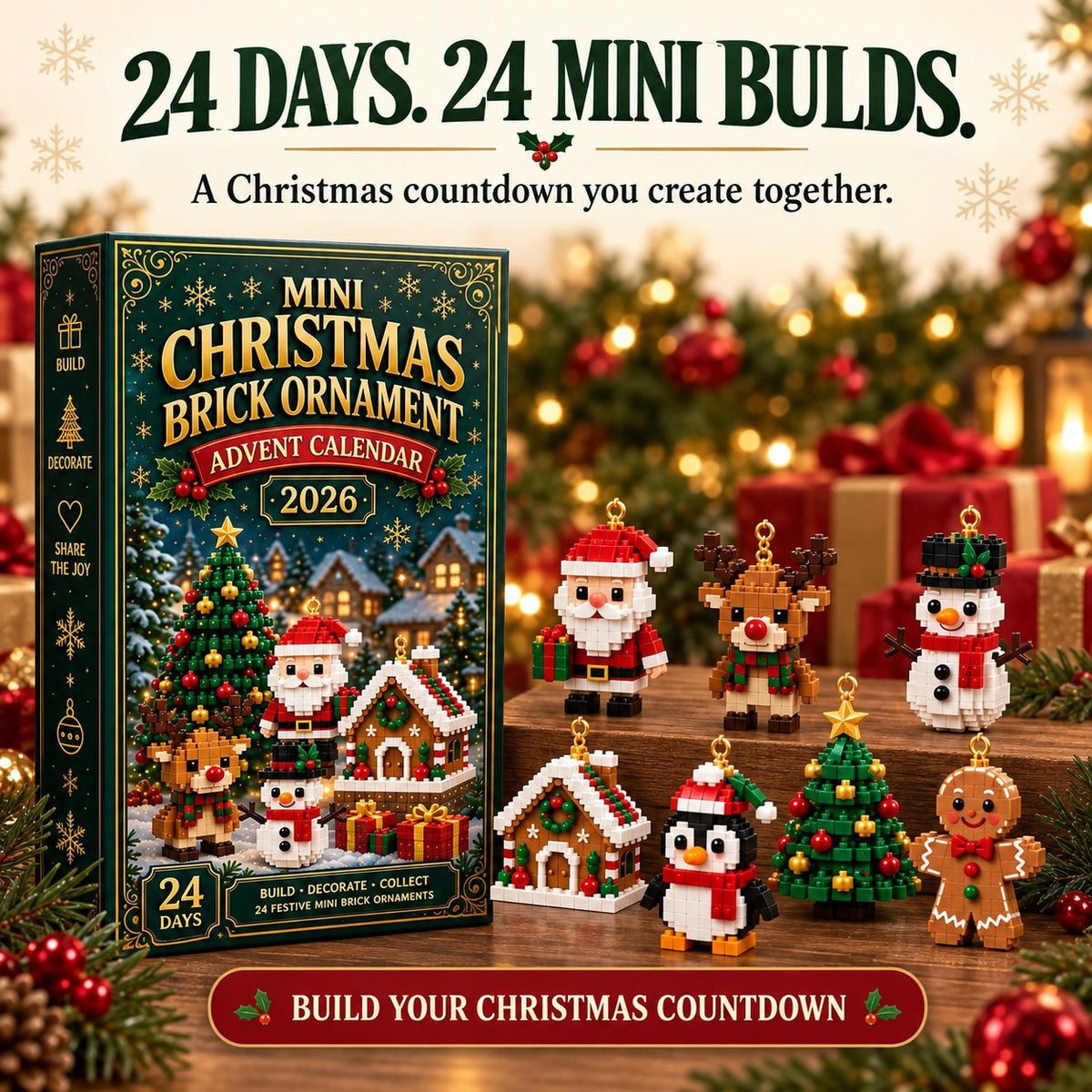 Mini tegelstenen adventskalender met 24 bouwsets voor kerst om te bouwen en op te hangen