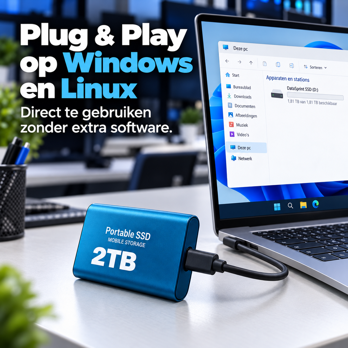 DataSprint Externe SSD 2TB voor IT & PC Support – USB-C Opslag tot 1050 MB/s