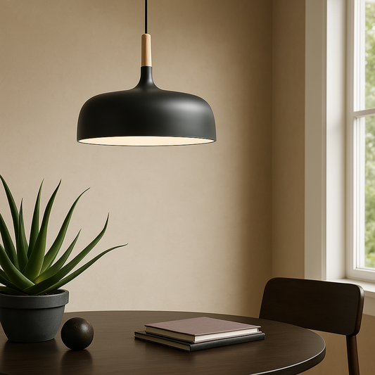 Moderne hanglamp van metaal met houten accent – Scandinavisch minimalistische stijl