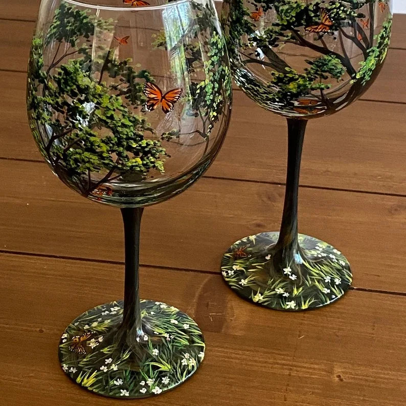 Handgeschilderde Wijnglazen met Vier Seizoenen Boom | Unieke Kunst