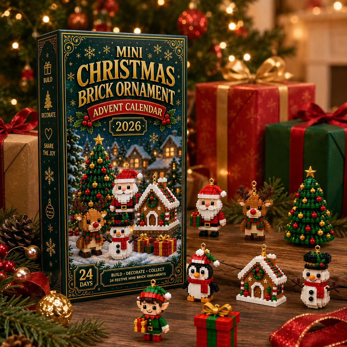 Mini tegelstenen adventskalender met 24 bouwsets voor kerst om te bouwen en op te hangen