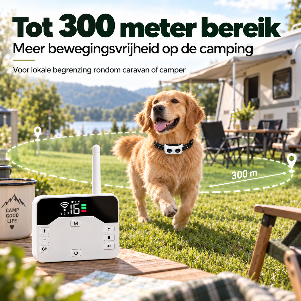 Draadloze Hondenomheining voor Camping & Caravan – 2-in-1 Trainingshalsband