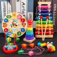 EduQuest 5-in-1 Montessori Set – Natuurlijke Houten Leer Speelgoed Voor Baby's Vanaf 6 Maanden