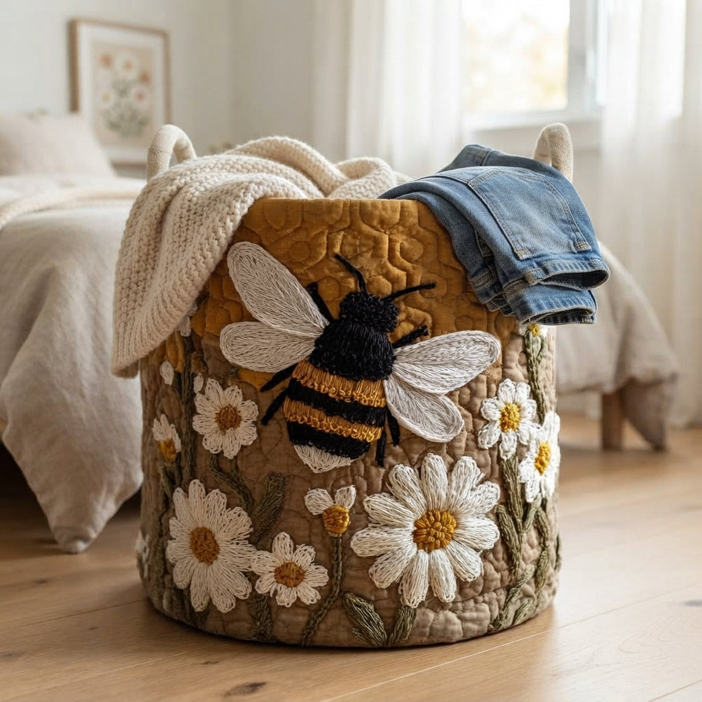 Vadderad wasmand met madeliefjes en bij, met handvatten van canvas, staat zelfstandig