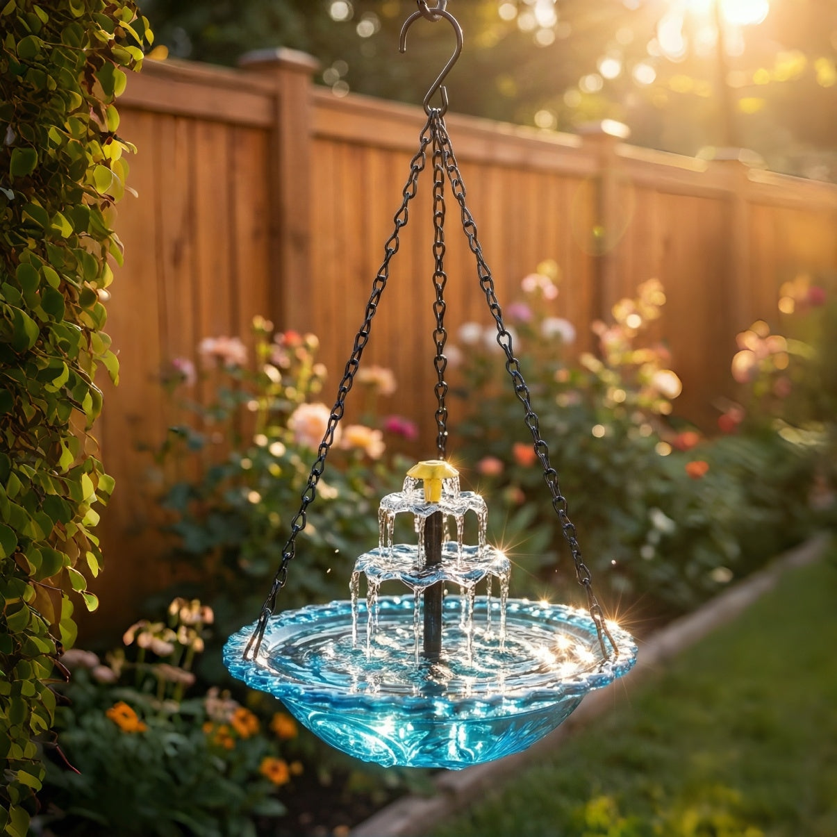 AquaBloom™ | Zonne-energie Hangfontein – Vogelbad met 2-niveaus Waterspel