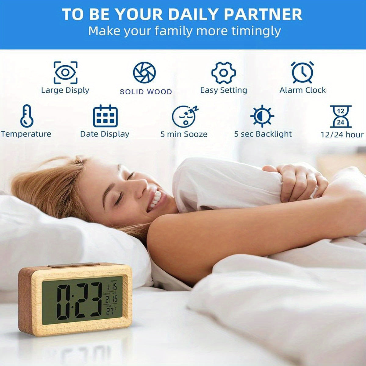 Houten Digitale Alarmklok – LED Display met Temperatuur en Datum