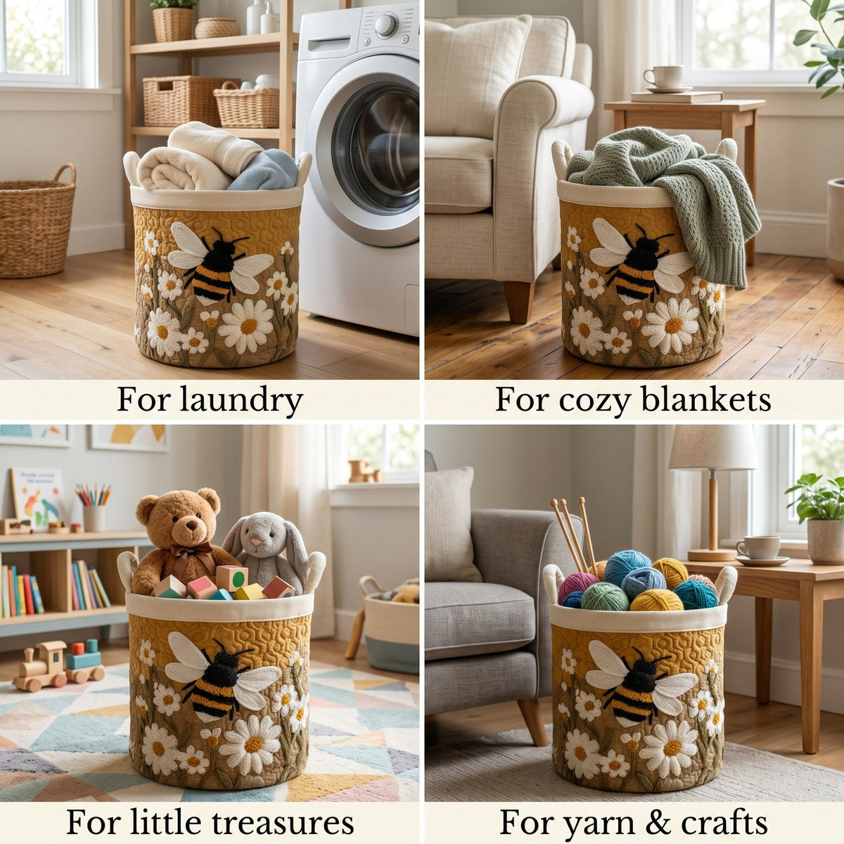 Vadderad wasmand met madeliefjes en bij, met handvatten van canvas, staat zelfstandig