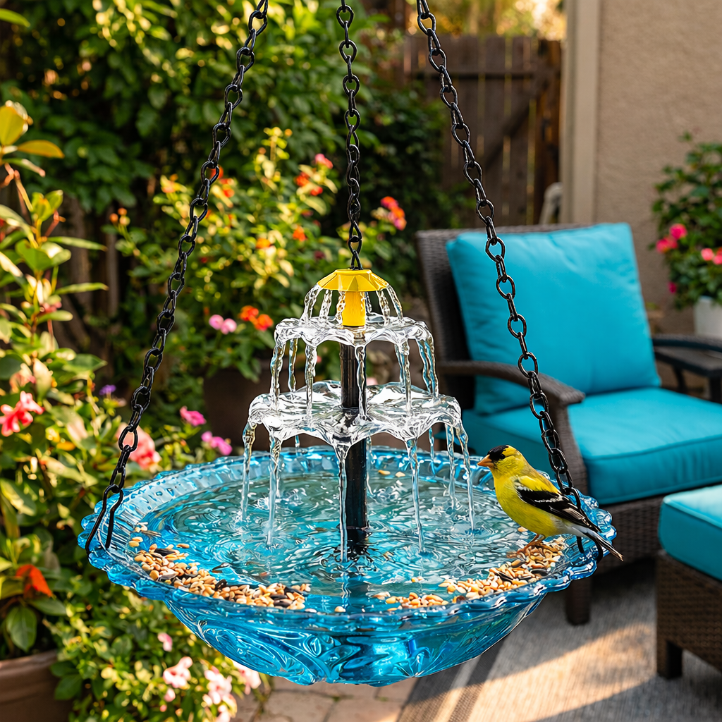 SunCascade™ | Zonne-energie Fontein – Hangende Vogelbad met Waterval, Glas & Draadloos