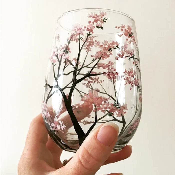 Handgeschilderde Wijnglazen met Vier Seizoenen Boom | Unieke Kunst