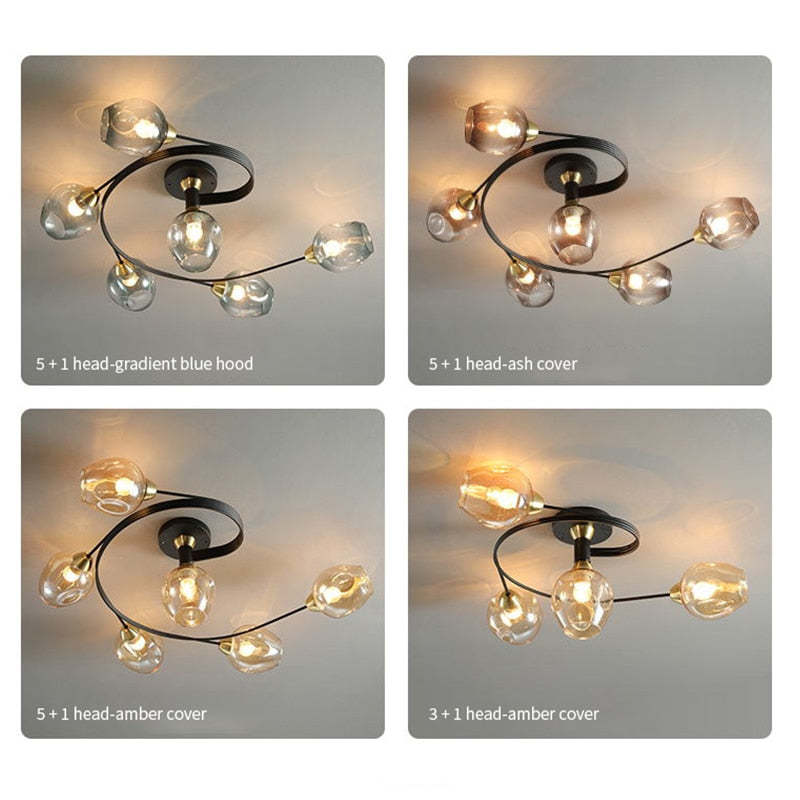 Valentina Flush Mount Plafondlamp, Glas, Zwart/Goud, Eetkamer