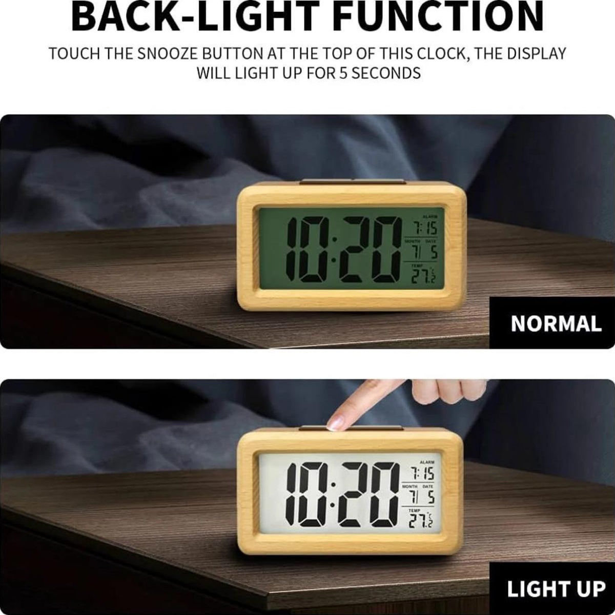 Houten Digitale Alarmklok – LED Display met Temperatuur en Datum