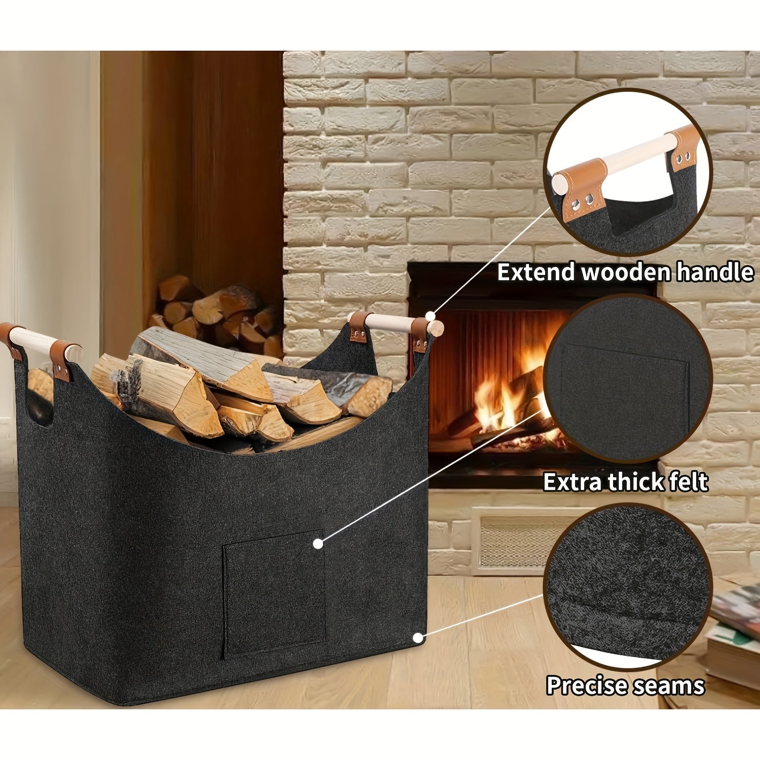 Filz-Kaminholzkorb FELDURA | Vouwbaar | 55L Volume | Met houten handvatten & leren details | Donkergrijs