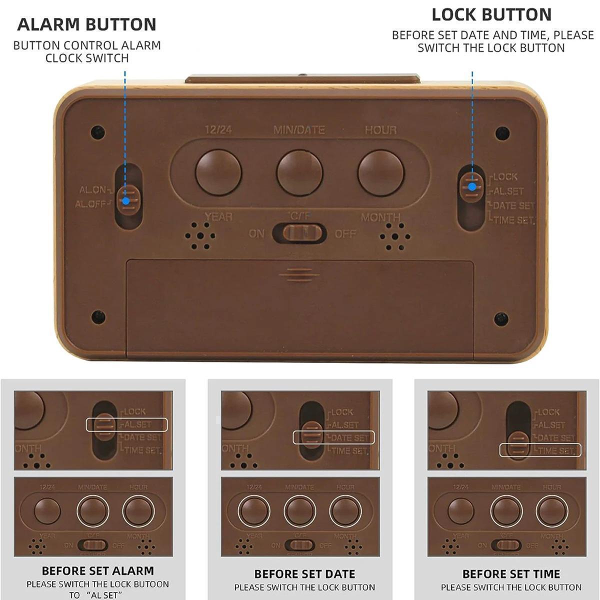 Houten Digitale Alarmklok – LED Display met Temperatuur en Datum